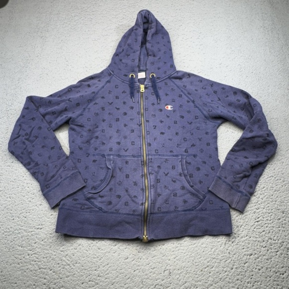 Champion Hoodie Womens Large Blue Full Zip Terry All Over‎ Print C Made in Japan